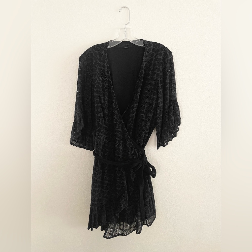 Allsaints Marlow Ette Wrap mini dress eyelet black bell sleeve Vneck cotton 8
